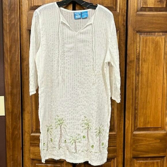 Blue Island Large Gauze Swim Cover, Blouse, with embroidered Palm Trees - Picture 1 of 8